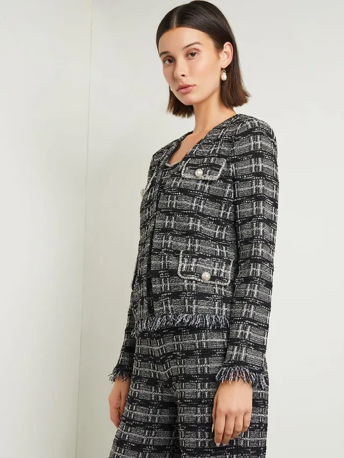 Misook Rhinestone Accent Fringe Tweed Knit Jacket Women Jackets and Coats Misook Rhinestone Accent Fringe Tweed Knit Jacket Women Jackets and Coats