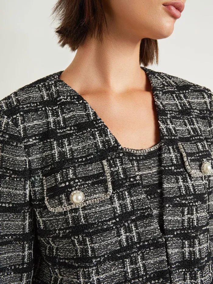 Misook Rhinestone Accent Fringe Tweed Knit Jacket Women Jackets and Coats Misook Rhinestone Accent Fringe Tweed Knit Jacket Women Jackets and Coats