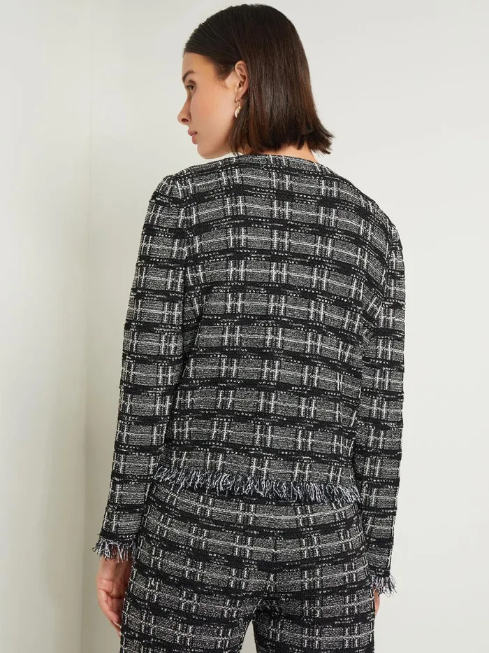Misook Rhinestone Accent Fringe Tweed Knit Jacket Women Jackets and Coats Misook Rhinestone Accent Fringe Tweed Knit Jacket Women Jackets and Coats