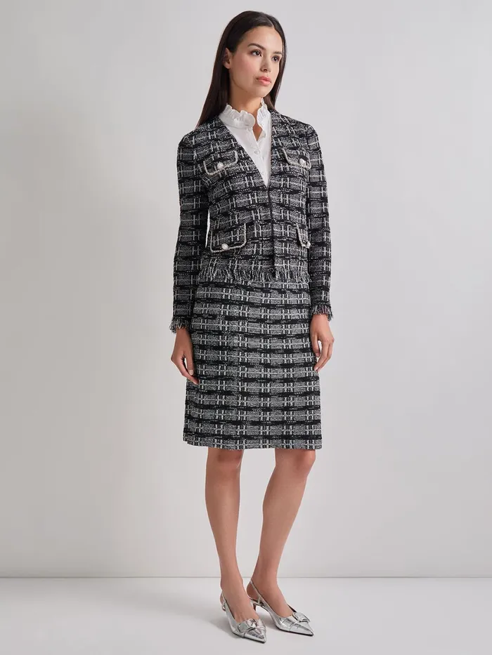 Misook Rhinestone Accent Fringe Tweed Knit Jacket Women Jackets and Coats Misook Rhinestone Accent Fringe Tweed Knit Jacket Women Jackets and Coats