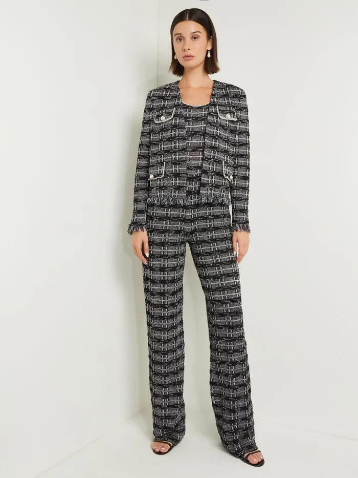 Misook Rhinestone Accent Fringe Tweed Knit Jacket Women Jackets and Coats Misook Rhinestone Accent Fringe Tweed Knit Jacket Women Jackets and Coats