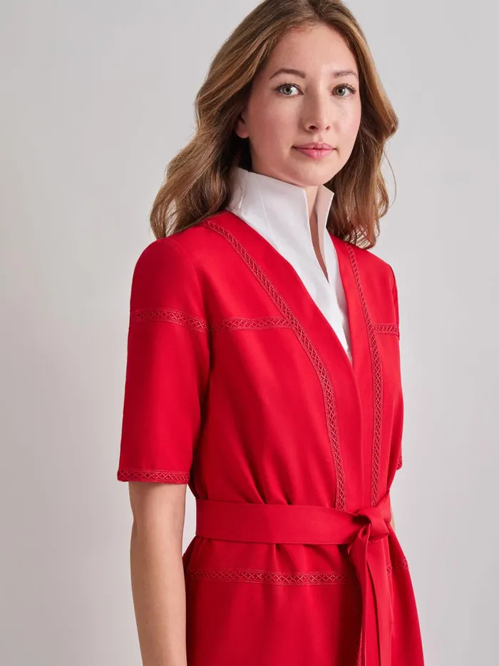 Misook Short Sleeve Belted Stretch Crepe Duster Women Jackets and Coats