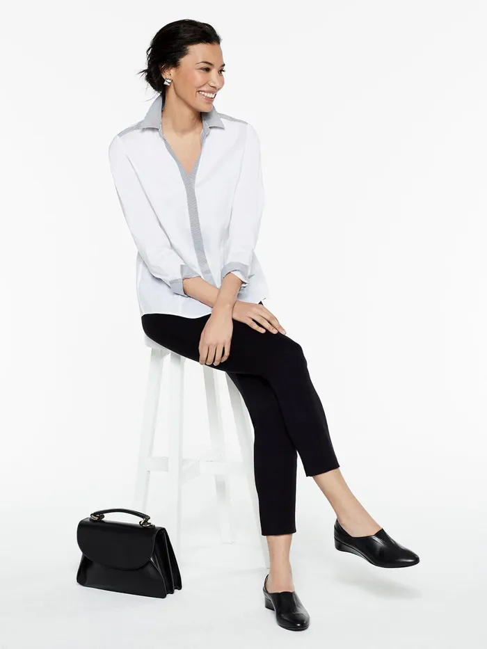 Misook Stripe Trim Stretch Cotton ButtonUp Shirt Women Blouses and Shirts