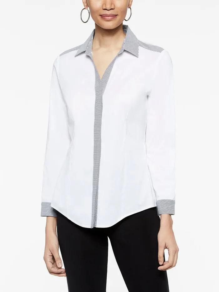 Misook Stripe Trim Stretch Cotton ButtonUp Shirt Women Blouses and Shirts