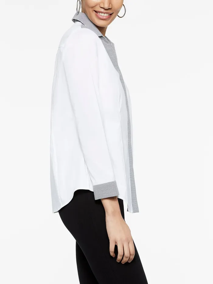 Misook Stripe Trim Stretch Cotton ButtonUp Shirt Women Blouses and Shirts