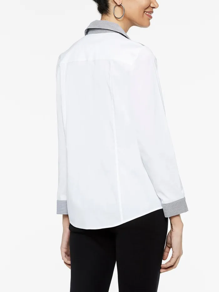 Misook Stripe Trim Stretch Cotton ButtonUp Shirt Women Blouses and Shirts