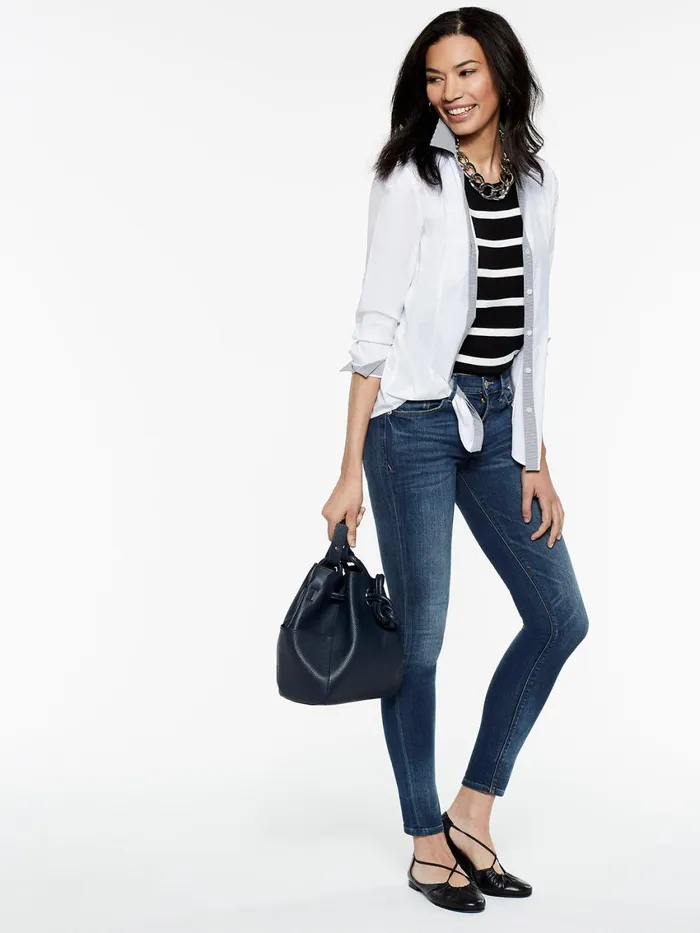 Misook Stripe Trim Stretch Cotton ButtonUp Shirt Women Blouses and Shirts