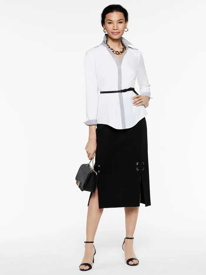 Misook Stripe Trim Stretch Cotton ButtonUp Shirt Women Blouses and Shirts