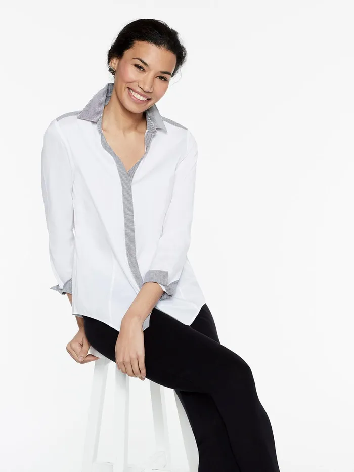 Misook Stripe Trim Stretch Cotton ButtonUp Shirt Women Blouses and Shirts