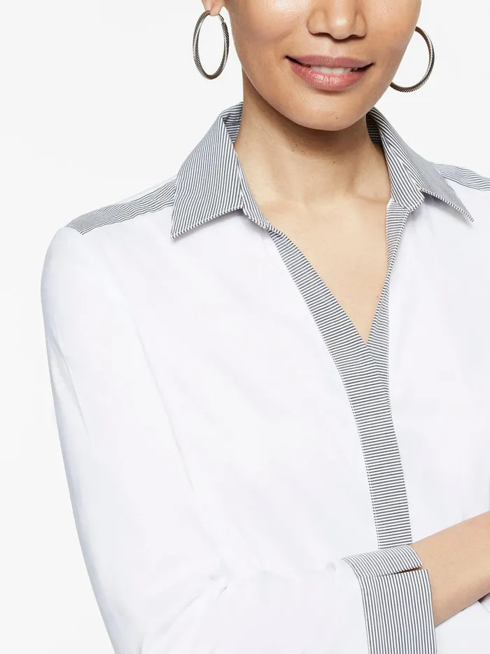 Misook Stripe Trim Stretch Cotton ButtonUp Shirt Women Tops and Tees
