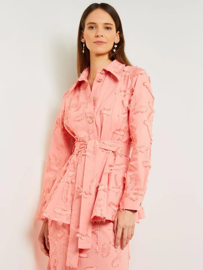 Misook Tailored Fit Button Front Jacket 8211 Belted Fringe Applique Cotton Women Jackets and Coats