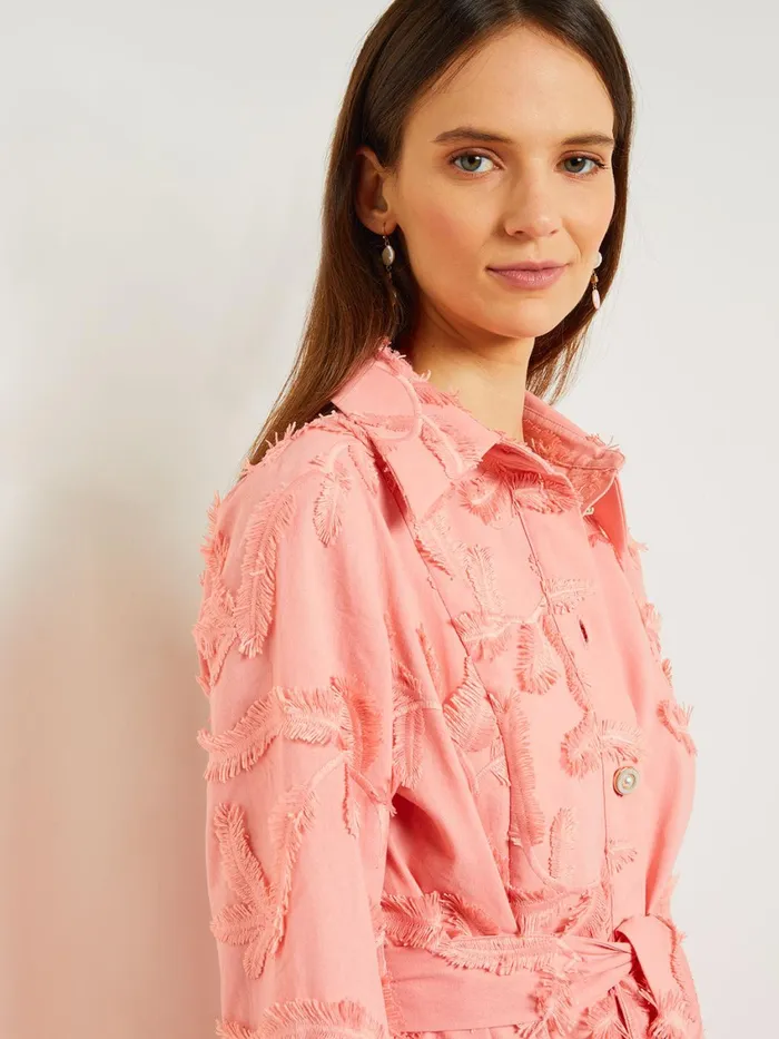 Misook Tailored Fit Button Front Jacket 8211 Belted Fringe Applique Cotton Women Jackets and Coats