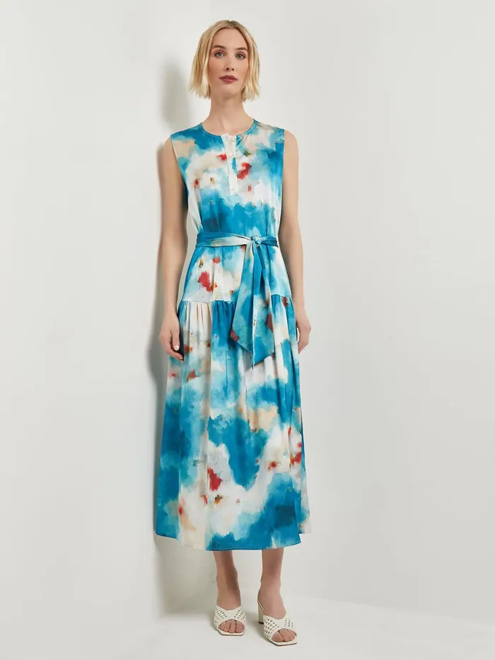 Misook Watercolor Removable Shawl Collar Crepe Maxi Dress Women Dresses