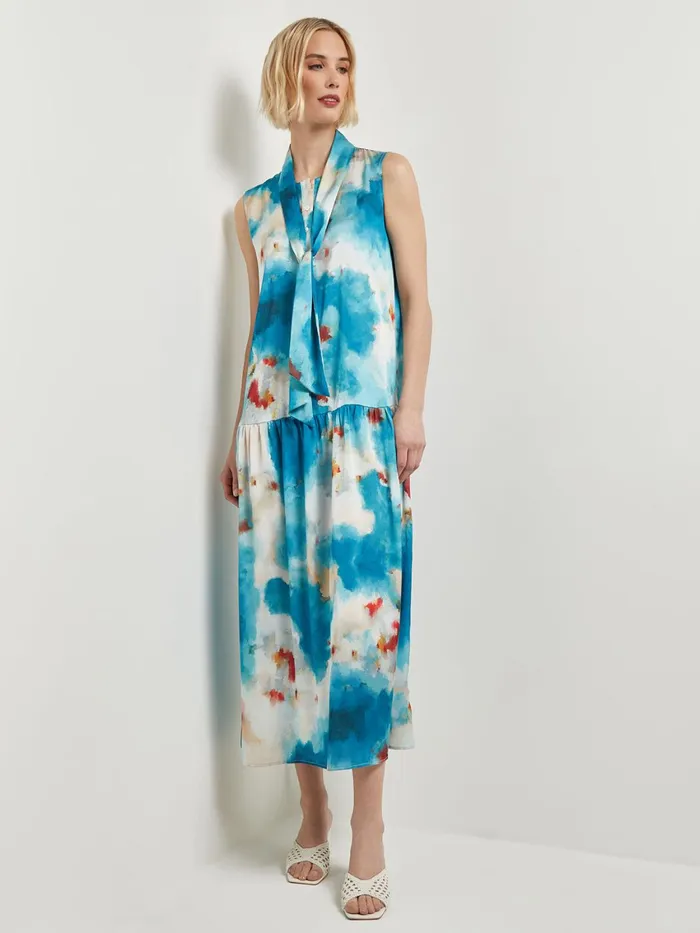 Misook Watercolor Removable Shawl Collar Crepe Maxi Dress Women Dresses