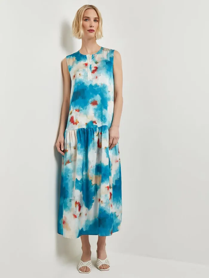 Misook Watercolor Removable Shawl Collar Crepe Maxi Dress Women Dresses