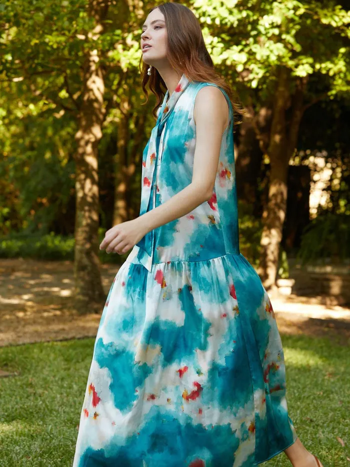 Misook Watercolor Removable Shawl Collar Crepe Maxi Dress Women Dresses