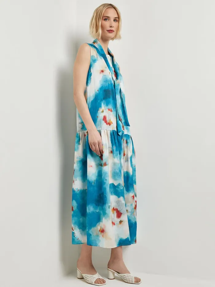 Misook Watercolor Removable Shawl Collar Crepe Maxi Dress Women Dresses