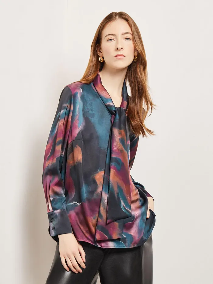 Misook Watercolor Tie Neck Crepe De Chine Blouse Women Blouses and Shirts