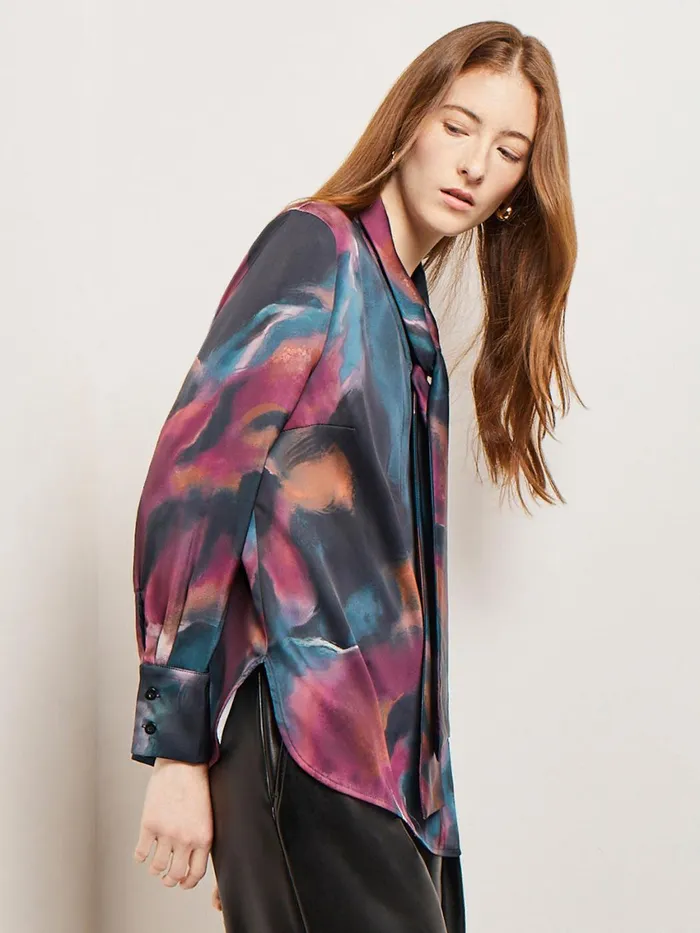 Misook Watercolor Tie Neck Crepe De Chine Blouse Women Blouses and Shirts