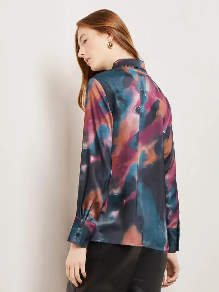 Misook Watercolor Tie Neck Crepe De Chine Blouse Women Blouses and Shirts
