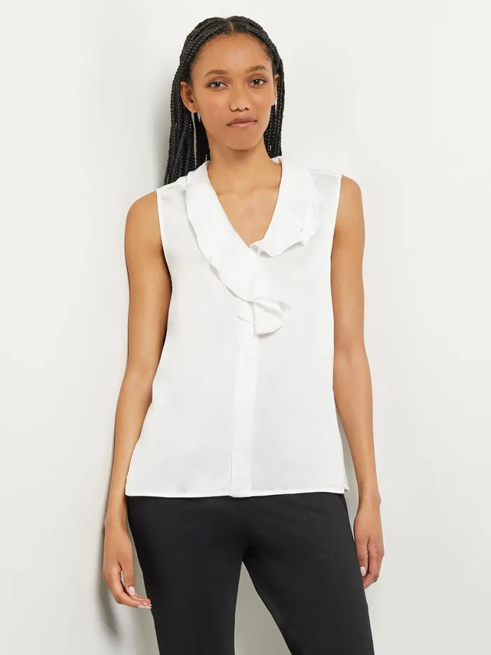 Misook Waterfall Ruffle Crepe De Chine Blouse Women Tops and Tees