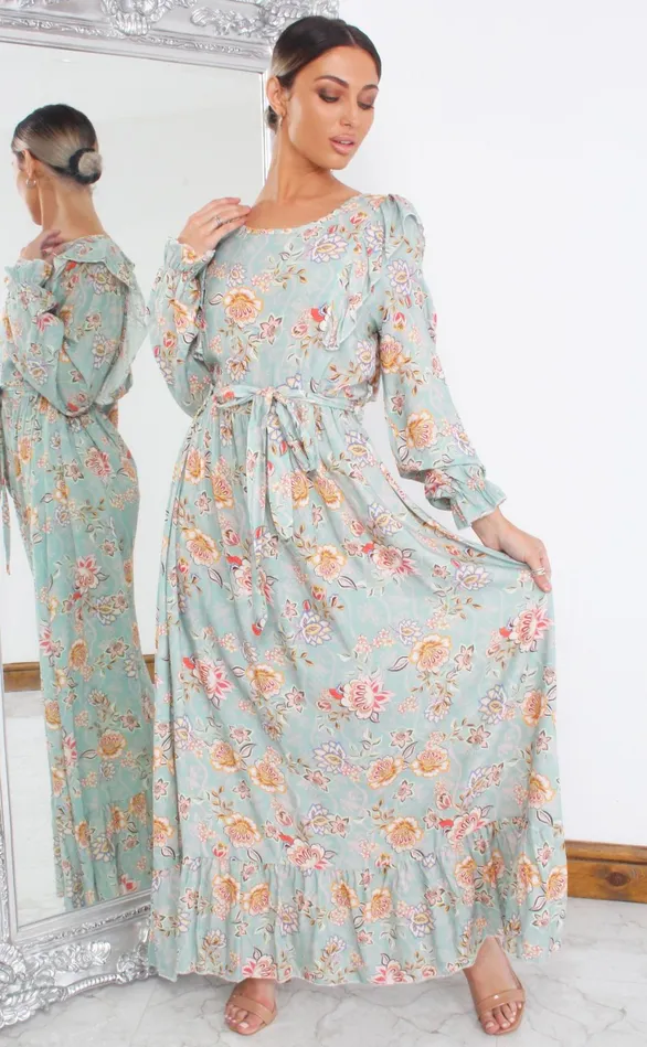 Nola Mint Floral Long Sleeve Gypsy Dress Women Missfiga Maxi Dresses