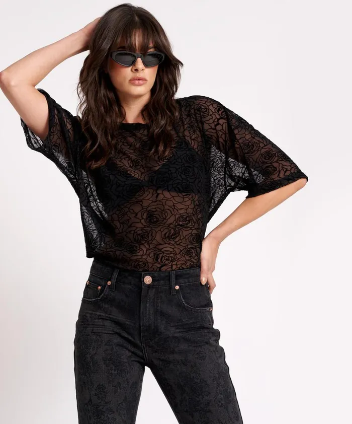 One Teaspoon Tees and Tanks POISON ROSE MESH TEE 8211 Women