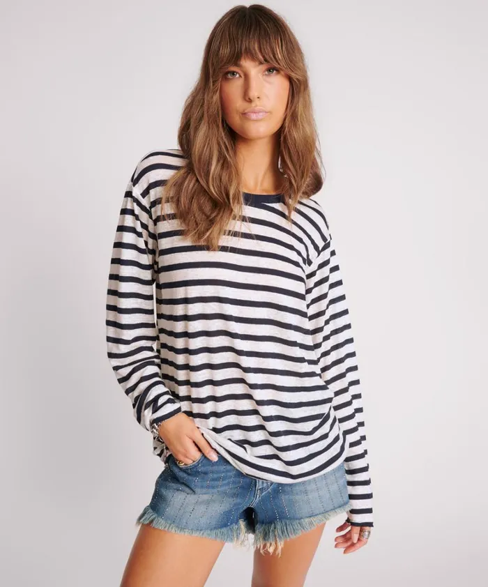 One Teaspoon Tops LINEN YARN DYE STRIPE LONGSLEEVE BOYFRIEND TEE 8211 Women