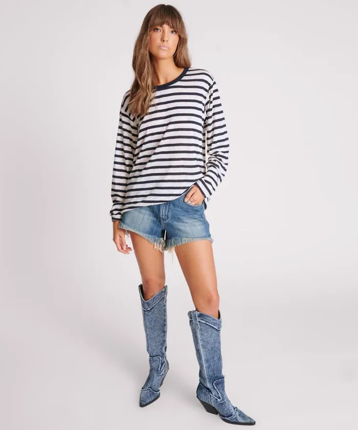 One Teaspoon Tops LINEN YARN DYE STRIPE LONGSLEEVE BOYFRIEND TEE 8211 Women