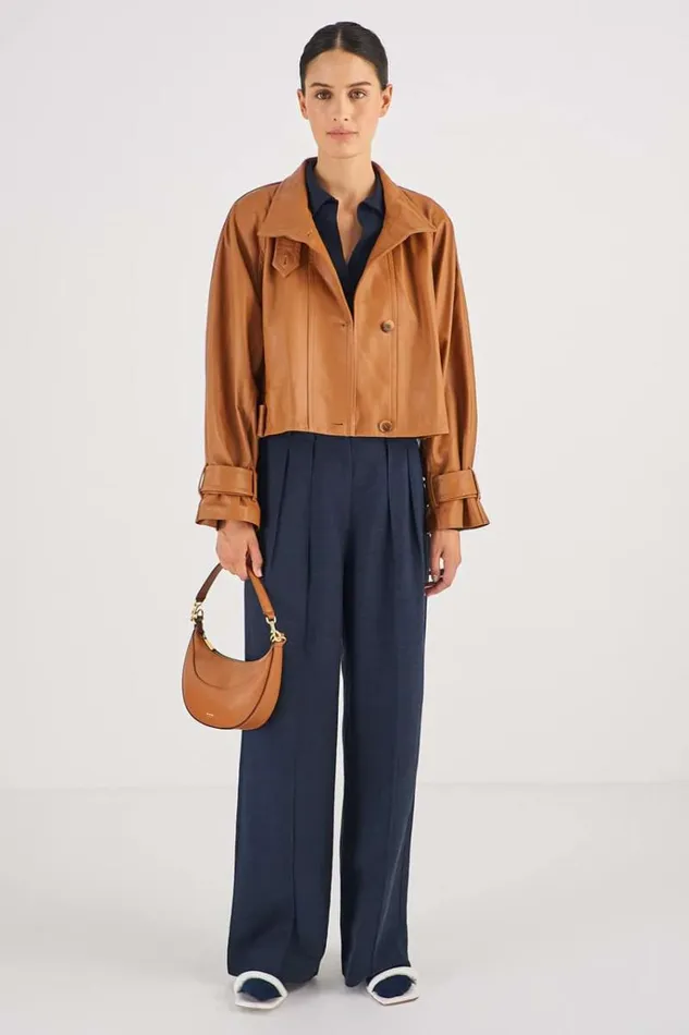 Oroton Jackets and Outerwear Women Leather Cropped Trench Wicker