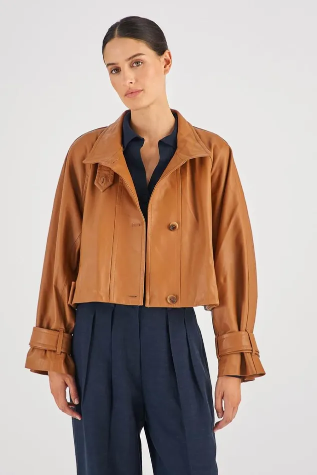 Oroton Jackets and Outerwear Women Leather Cropped Trench Wicker