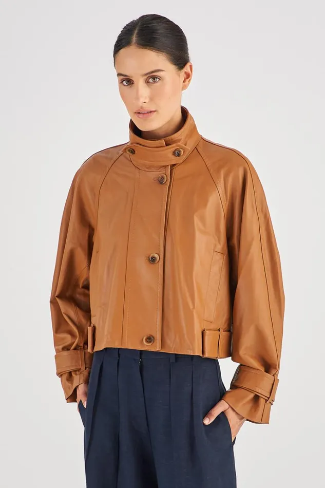 Oroton Jackets and Outerwear Women Leather Cropped Trench Wicker