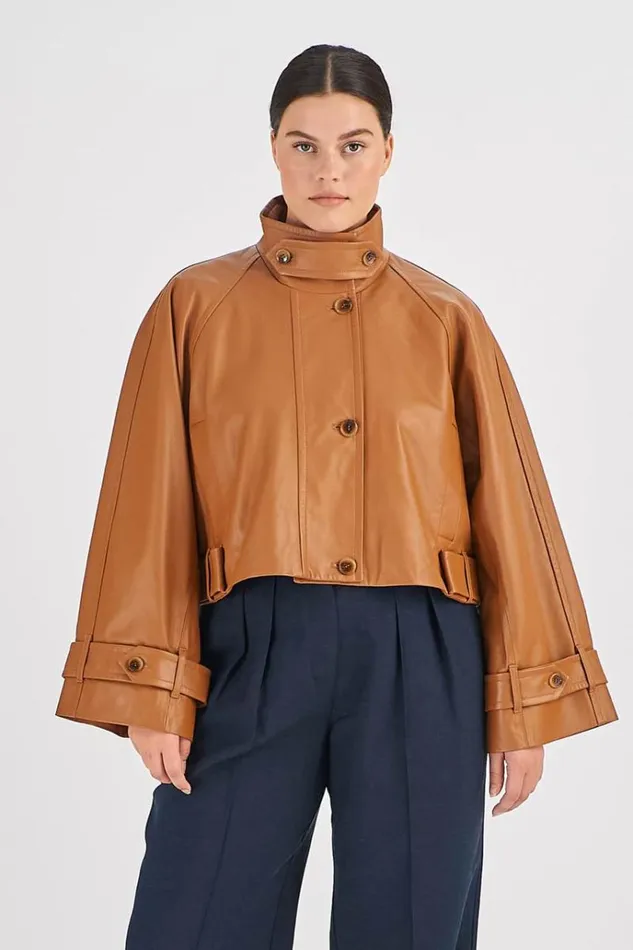Oroton Jackets and Outerwear Women Leather Cropped Trench Wicker