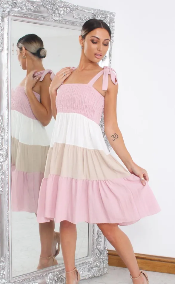 Pink Shirred Colour Block Tiered Shift Dress Women Missfiga Skater Dresses
