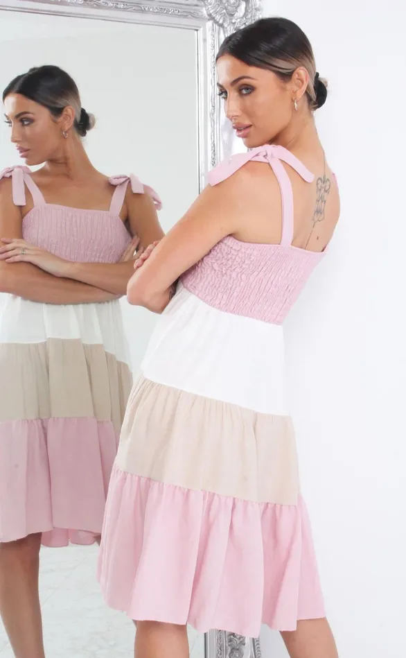 Pink Shirred Colour Block Tiered Shift Dress Women Missfiga Skater Dresses