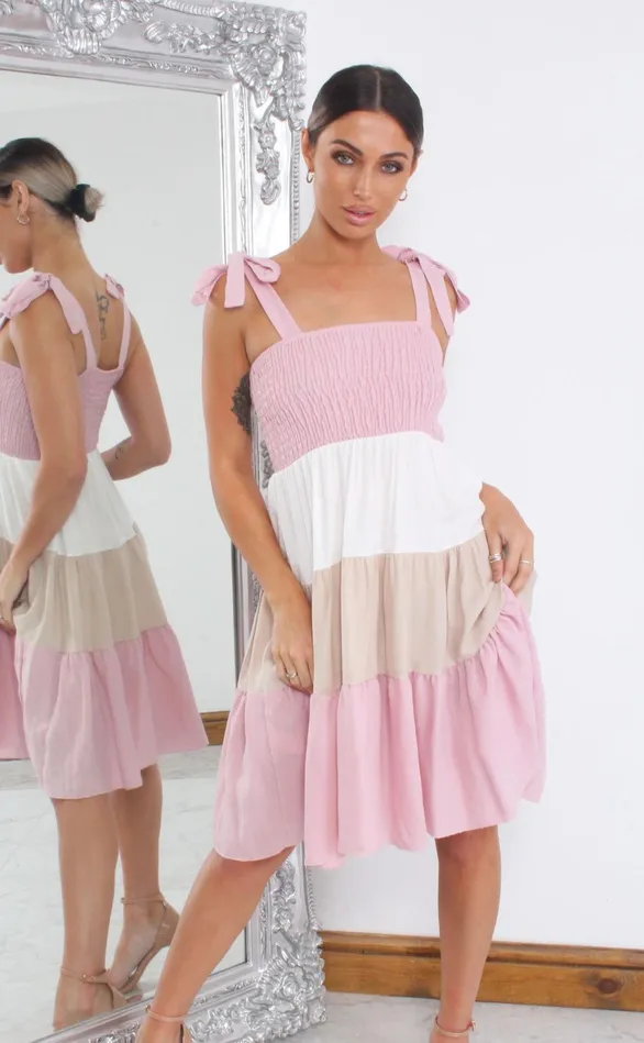 Pink Shirred Colour Block Tiered Shift Dress Women Missfiga Skater Dresses