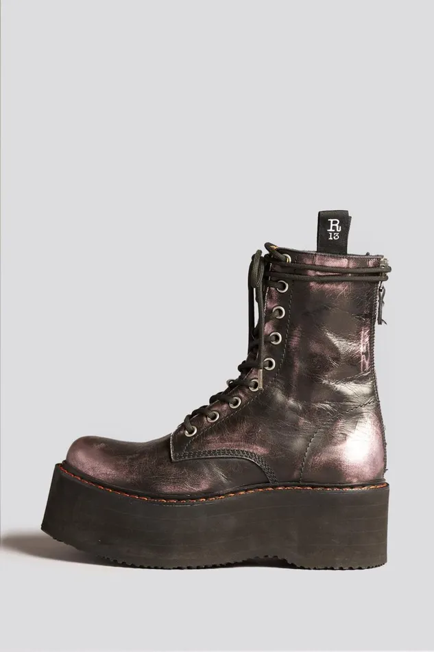 R13 Boots Women DOUBLE STACK BOOT 8211 PINK SHINE COMBAT BOOTS