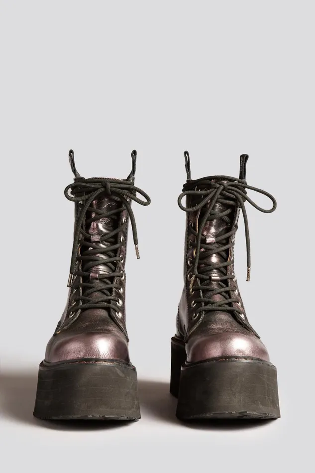 R13 Boots Women DOUBLE STACK BOOT 8211 PINK SHINE COMBAT BOOTS