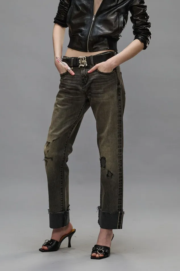 R13 Boyfriend Women CUFFED ROMEO JEANS 8211 HAYNE SELVEDGE BLACK