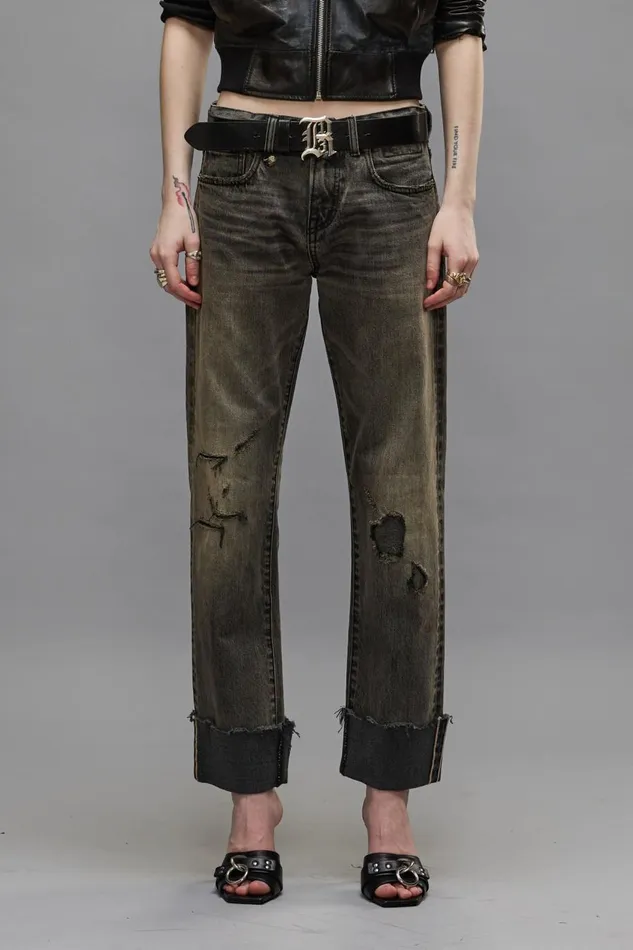 R13 Boyfriend Women CUFFED ROMEO JEANS 8211 HAYNE SELVEDGE BLACK