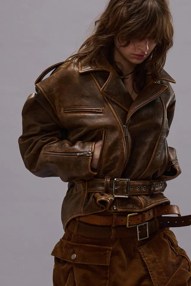 R13 Jackets and Coats Women EXAGGERATED SHOULDER MOTORCYCLE JACKET 8211 BROWN LEATHER