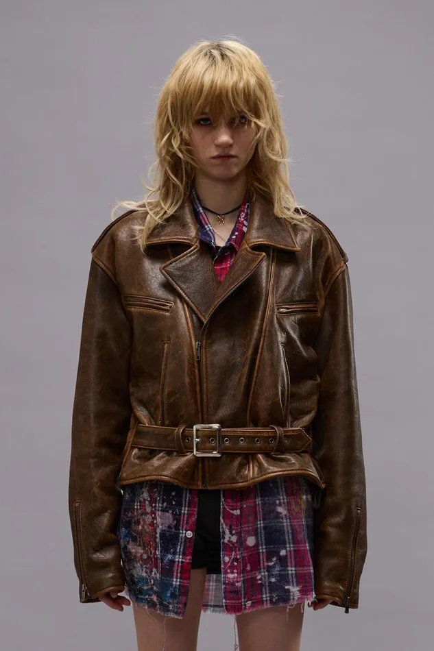 R13 Jackets and Coats Women EXAGGERATED SHOULDER MOTORCYCLE JACKET 8211 BROWN LEATHER