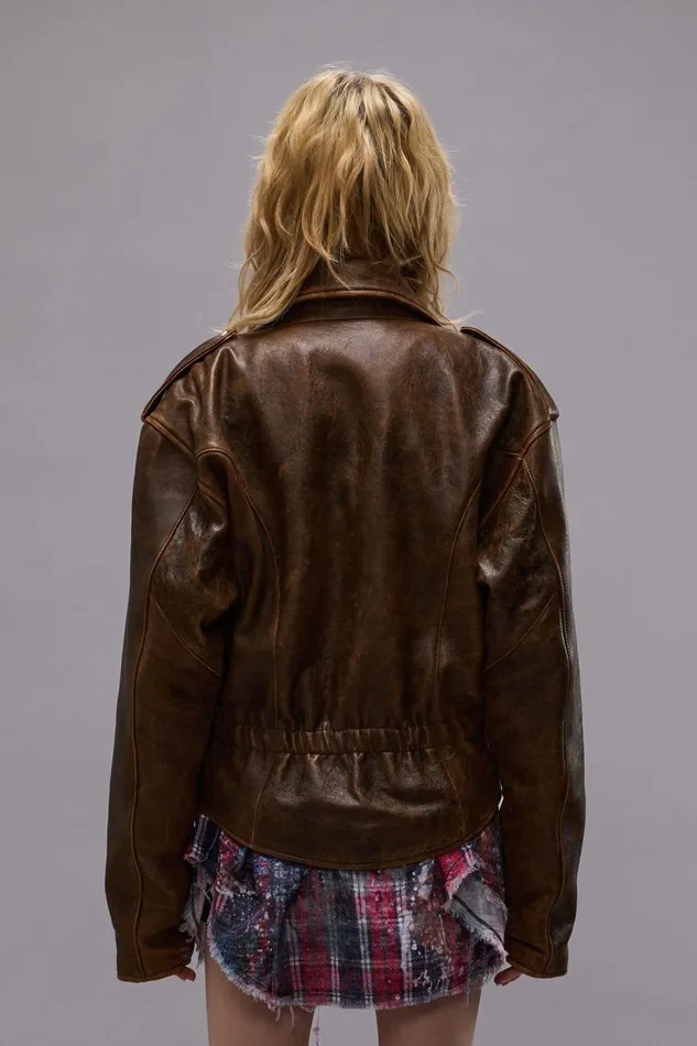R13 Jackets and Coats Women EXAGGERATED SHOULDER MOTORCYCLE JACKET 8211 BROWN LEATHER