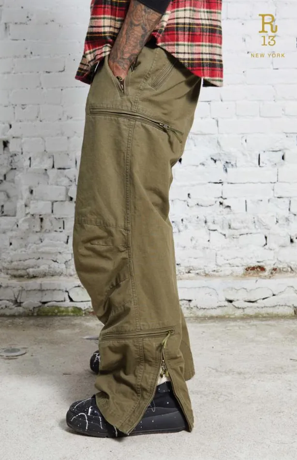 R13 Sale Men FLIGHT PANTS 8211 OLIVE COTTON RIPSTOP