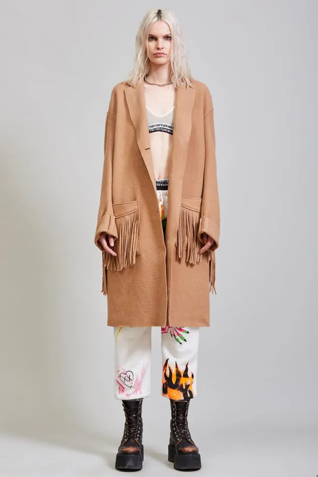 R13 Sale Women Fringe Raw Cut Coat 8211 Camel