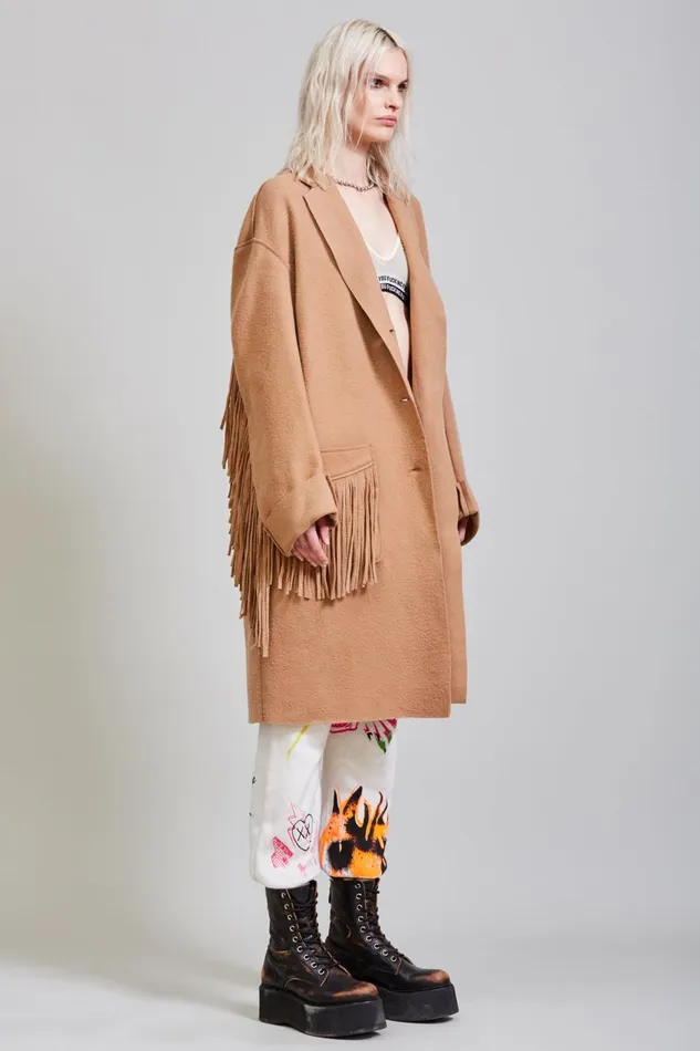 R13 Sale Women Fringe Raw Cut Coat 8211 Camel