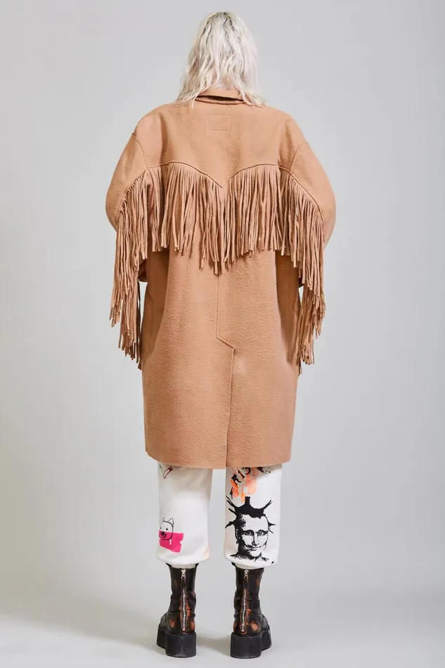 R13 Sale Women Fringe Raw Cut Coat 8211 Camel