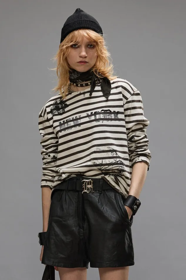 R13 Sale Women LONG SLEEVE BRETON TEE 8211 BLACK AND WHITE STRIPE