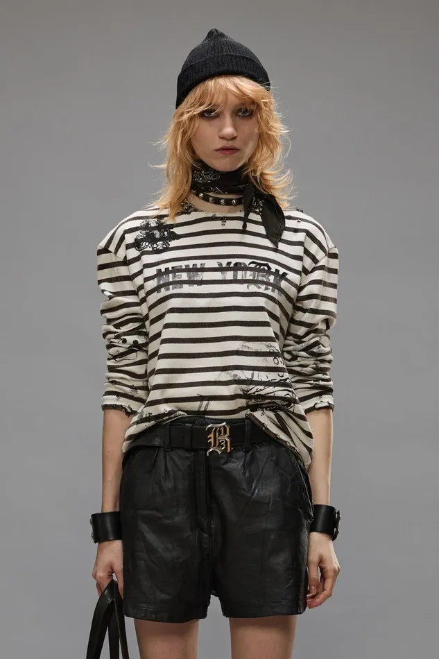 R13 Sale Women LONG SLEEVE BRETON TEE 8211 BLACK AND WHITE STRIPE