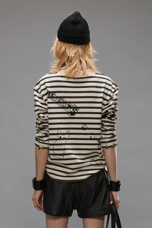 R13 Sale Women LONG SLEEVE BRETON TEE 8211 BLACK AND WHITE STRIPE
